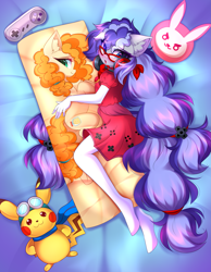 Size: 2399x3096 | Tagged: safe, alternate version, artist:airiniblock, derpibooru import, pear butter, oc, oc only, oc:cinnabyte, anthro, earth pony, pony, anthro oc, blushing, clothes, dress, glasses, headset, long hair, pillow, pony oc, rcf community, socks