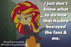 Size: 1080x714 | Tagged: safe, artist:luigigamer25, derpibooru import, edit, edited screencap, screencap, sunset shimmer, equestria girls, rainbow rocks, betrayal, clothes, comments locked on derpi, cutie mark, cutie mark on clothes, derail in the comments, discussion in the comments, female, hallway, hasbro, lockers, op can't let go, op needs help, op needs to stop, sad, save equestria girls, solo