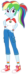 Size: 500x1300 | Tagged: safe, alternate version, artist:knightoftheraven, derpibooru import, rainbow dash, equestria girls, legend of everfree, alternate hairstyle, big breasts, breasts, camp everfree logo, camp everfree outfits, camping outfit, clothes, colored, converse, female, flat colors, hands in pockets, inkscape, jeans, looking at you, pants, ponytail, rainboob dash, shirt, shoes, short jeans, short pants, short sleeves, show accurate, simple background, smiling, smiling at you, socks, solo, standing, t-shirt, textless, transparent background, vector, wristband