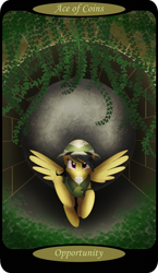 Size: 1500x2591 | Tagged: safe, artist:sixes&sevens, derpibooru import, part of a set, daring do, ace of coins, archway, boulder, hat, leaves, looking at you, minor arcana, mouth hold, running, running away, tarot card, vine, wings