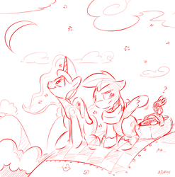 Size: 2770x2800 | Tagged: safe, artist:dilarus, ponerpics import, big macintosh, princess luna, alicorn, bat, earth pony, pony, deleted from derpibooru, female, lunamac, male, monochrome, night, picnic, picnic basket, picnic blanket, shipping, sketch, stallion, straight