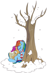 Size: 3557x5491 | Tagged: safe, artist:dilarus, ponerpics import, rainbow dash, scootaloo, best pony, book, clothes, deleted from derpibooru, heartwarming, reading, scarf, scootalove, snow, snowfall, tree, winter