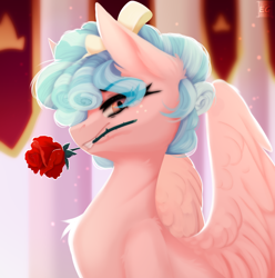 Size: 2160x2180 | Tagged: safe, artist:elektra-gertly, derpibooru import, cozy glow, pegasus, pony, ear fluff, ears, female, flower, large wings, mare, mouth hold, smiling, solo, wings