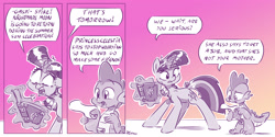 Size: 4000x2000 | Tagged: safe, artist:dilarus, ponerpics import, spike, twilight sparkle, dragon, friendship is magic, comic, deleted from derpibooru, funny