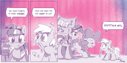 Size: 4000x2000 | Tagged: safe, artist:dilarus, edit, ponerpics import, chirpy hooves, pinkie pie, twilight sparkle, twilight sparkle (alicorn), alicorn, pony, comic, deleted from derpibooru, dialogue, fimfiction, meet-the-pones, parody, parody of a parody, vulgar