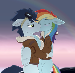 Size: 2453x2397 | Tagged: artist needed, source needed, safe, derpibooru import, rainbow dash, soarin', cute, female, kissing, male, shipping, soarindash, straight