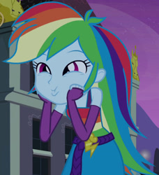 Size: 1920x2106 | Tagged: safe, derpibooru import, screencap, rainbow dash, equestria girls, equestria girls (movie), belt, canterlot high, clothes, cropped, cute, cutie mark, cutie mark on clothes, daaaaaaaaaaaw, dashabetes, dashface, fall formal outfits, fingerless gloves, gloves, hnnng, night, sleeveless, weapons-grade cute