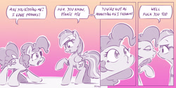 Size: 4000x2000 | Tagged: safe, artist:dilarus, ponerpics import, pinkie pie, rainbow dash, earth pony, pegasus, pony, griffon the brush off, comic, deleted from derpibooru, dialogue, duo, female, looking at each other, mare, meet-the-pones, open mouth, scene interpretation, vulgar