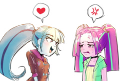 Size: 1280x835 | Tagged: safe, artist:amazingpuffhair, derpibooru import, aria blaze, sonata dusk, equestria girls, angry, cross-popping veins, heart, open mouth