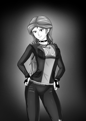 Size: 4961x7016 | Tagged: safe, alternate version, artist:symptom99, derpibooru import, sunset shimmer, human, equestria girls, clothes, female, monochrome, solo