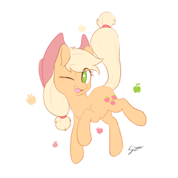 Size: 800x800 | Tagged: safe, artist:sion, derpibooru import, applejack, earth pony, pony, apple, cowboy hat, cute, cutie mark eyes, female, food, hat, jackabetes, looking at you, mare, no pupils, one eye closed, open mouth, simple background, solo, white background, wingding eyes, wink