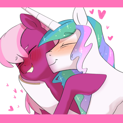 Size: 2048x2048 | Tagged: safe, artist:aztrial, derpibooru import, cheerilee, princess celestia, alicorn, earth pony, pony, blushing, cheerilestia, female, lesbian, nuzzling, shipping