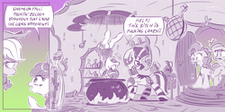 Size: 4000x2000 | Tagged: safe, artist:dilarus, ponerpics import, apple bloom, applejack, pinkie pie, rainbow dash, zecora, earth pony, pony, zebra, bridle gossip, cauldron, comic, deleted from derpibooru, female, filly, fire, imminent vore, implied cannibalism, implied vore, mare, meet-the-pones, pony as food, rope, this will end in vore, tied up, tongue, tongue out, vulgar, zecora's hut
