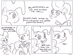 Size: 4000x3000 | Tagged: safe, artist:dilarus, ponerpics import, cup cake, pinkie pie, comic:sugarcube, comic, deleted from derpibooru, dialogue, monochrome