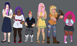 Size: 3367x2000 | Tagged: safe, artist:theartfox2468, derpibooru import, applejack, fluttershy, pinkie pie, rainbow dash, rarity, twilight sparkle, human, alternate hairstyle, applejack's hat, bandaid, barefoot, belt, black background, boots, bracelet, camouflage, clothes, converse, cowboy hat, dark skin, diversity, dress, ear piercing, earring, eye scar, eyeshadow, feet, female, flannel, flats, freckles, gloves, grin, hat, high heels, humanized, jacket, jeans, jewelry, leaf, lip bite, makeup, mane six, nail polish, necklace, necktie, one eye closed, open mouth, pants, piercing, ripped jeans, ripped pants, sandals, scar, shoes, shorts, simple background, size difference, skirt, smiling, smirk, socks, stick, stockings, suspenders, sweater, thigh highs, torn clothes, wall of tags, wink