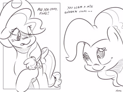 Size: 4000x3000 | Tagged: safe, artist:dilarus, ponerpics import, applejack, pinkie pie, comic:sugarcube, black and white, comic, deleted from derpibooru, dialogue, grayscale, monochrome