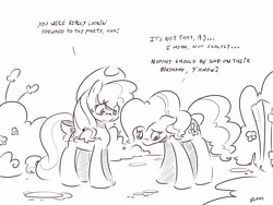Size: 4000x3000 | Tagged: safe, artist:dilarus, ponerpics import, applejack, pinkie pie, comic:sugarcube, black and white, comic, deleted from derpibooru, dialogue, grayscale, monochrome, tail bow