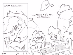 Size: 4000x3000 | Tagged: safe, artist:dilarus, ponerpics import, applejack, pinkie pie, comic:sugarcube, black and white, comic, deleted from derpibooru, dialogue, grayscale, monochrome