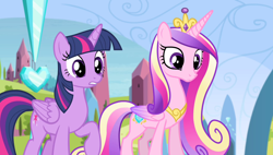 Size: 1266x720 | Tagged: safe, derpibooru import, screencap, princess cadance, twilight sparkle, twilight sparkle (alicorn), alicorn, pony, equestria games (episode), crystal empire, crystal heart, duo, duo female, female, mare, shocked, sisters-in-law, teeth