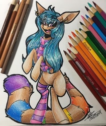 Size: 1080x1279 | Tagged: safe, artist:moshi.poni, derpibooru import, oc, oc only, earth pony, pony, clothes, ear piercing, earring, earth pony oc, jewelry, open mouth, piercing, rearing, scarf, signature, smiling, socks, solo, striped socks, traditional art