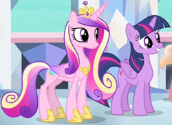Size: 1170x853 | Tagged: safe, derpibooru import, screencap, princess cadance, twilight sparkle, twilight sparkle (alicorn), alicorn, pony, equestria games (episode), cropped, crystal empire, duo, duo female, female, mare, sisters-in-law, smiling, teeth