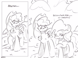 Size: 4000x3000 | Tagged: safe, artist:dilarus, ponerpics import, applejack, pinkie pie, comic:sugarcube, black and white, comic, deleted from derpibooru, grayscale, monochrome, tail bow