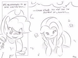 Size: 4000x3000 | Tagged: safe, artist:dilarus, ponerpics import, applejack, pinkie pie, earth pony, pony, comic:sugarcube, black and white, comic, cute, deleted from derpibooru, dialogue, diapinkes, female, grayscale, mare, monochrome, pinkamena diane pie, sitting, tail bow