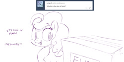 Size: 1280x640 | Tagged: safe, artist:dilarus, ponerpics import, carrot top, golden harvest, comic:box of funk, ask, box, comic, deleted from derpibooru, dialogue, looking at something, meet-the-pones, monochrome, open mouth, simple background, smiling, solo, tumblr, white background