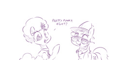 Size: 1280x640 | Tagged: safe, artist:dilarus, ponerpics import, carrot top, derpy hooves, golden harvest, pegasus, pony, comic:box of funk, afro, deleted from derpibooru, dialogue, female, funk, glasses, hat, looking at you, mare, meet-the-pones, monochrome, open mouth, simple background, smiling, white background