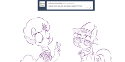 Size: 1280x640 | Tagged: safe, artist:dilarus, ponerpics import, carrot top, derpy hooves, golden harvest, pegasus, pony, comic:box of funk, afro, ask, deleted from derpibooru, female, funk, glasses, hand, hat, hoof fingers, mare, meet-the-pones, monochrome, peace sign, simple background, tumblr, white background, wide eyes