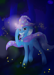 Size: 2500x3500 | Tagged: safe, artist:max_torreto, derpibooru exclusive, derpibooru import, trixie, firefly (insect), insect, cape, clothes, female, forest, hat, magic, mare, night, raised leg, solo, trixie's cape, trixie's hat