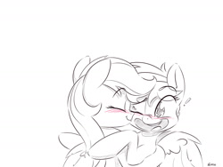 Size: 1280x960 | Tagged: safe, artist:dilarus, ponerpics import, firefly, rainbow dash, pegasus, pony, comic:dash academy, g1, blushing, dashfly, deleted from derpibooru, exclamation point, eyes closed, female, heart, kiss on the cheek, kissing, lesbian, mare, nuzzling, one eye closed, open mouth, partial color, shipping