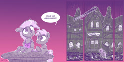 Size: 4000x2000 | Tagged: safe, artist:dilarus, ponerpics import, derpy hooves, dinky hooves, pegasus, pony, apron, bad end, clothes, comic, dark comedy, deleted from derpibooru, dialogue, disowned, ears, equestria's worst mother, female, floppy ears, food, mare, meet-the-pones, mother and child, mother and daughter, muffin, orphanage, parent and child, rain, sad, smiling, table, window