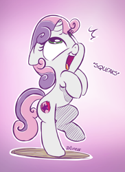 Size: 1448x1992 | Tagged: safe, artist:dilarus, ponerpics import, sweetie belle, pony, bipedal, cute, cutie mark, deleted from derpibooru, diasweetes, dilarus is trying to murder us, female, filly, gradient background, onomatopoeia, solo, sound effects, squeak, squeaky belle, the cmc's cutie marks