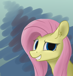 Size: 2500x2600 | Tagged: safe, artist:shturmpony, derpibooru import, fluttershy, pony, abstract background, always works, bust, dreamworks face, female, grin, high res, looking at you, mare, portrait, scene interpretation, screenshot redraw, smiling, solo, three quarter view