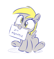 Size: 928x1024 | Tagged: safe, artist:dilarus, edit, ponerpics import, derpy hooves, pegasus, pony, cute, deleted from derpibooru, female, mare, mouth hold, pony shaming, predator, sign, simple background, sitting, smiling, solo, spread wings, underhoof, white background