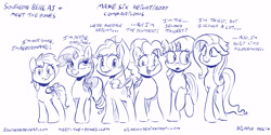 Size: 6000x3000 | Tagged: safe, artist:dilarus, ponerpics import, applejack, fluttershy, pinkie pie, rainbow dash, rarity, twilight sparkle, :o, absurd resolution, deleted from derpibooru, dialogue, diverse body types, ears, floppy ears, grin, headcanon, height difference, lidded eyes, looking at you, mane six, monochrome, open mouth, raised hoof, raised leg, simple background, size chart, size comparison, size difference, sketch, smiling, smoldash, tallershy, white background, wide eyes