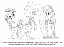 Size: 4988x3676 | Tagged: safe, artist:dilarus, ponerpics import, pinkie pie, rarity, absurd resolution, beautiful, black and white, chubby, clothes, darling, deleted from derpibooru, dress, glasses, grayscale, mirror, monochrome
