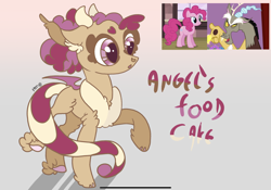 Size: 2388x1668 | Tagged: safe, artist:caramelbolt24, derpibooru import, screencap, discord, pinkie pie, oc, oc:angels food cake, draconequus, earth pony, pony, the return of harmony, abstract background, bust, ear fluff, ears, female, interspecies offspring, male, mare, offspring, one eye closed, parent:discord, parent:pinkie pie, parents:discopie, reference sheet, signature, wink