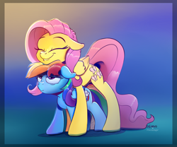 Size: 3561x2956 | Tagged: safe, artist:dilarus, artist:viwrastupr, ponerpics import, fluttershy, rainbow dash, collaboration, annoyed, cute, daaaaaaaaaaaw, dashabetes, deleted from derpibooru, duo, ears, eyes closed, female, floppy ears, frown, glare, gradient background, lidded eyes, rainbow dash is not amused, shyabetes, size difference, smiling, smoldash, snuggling, tallershy, unamused