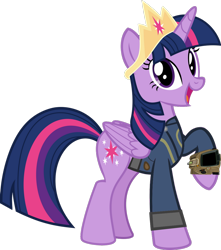 Size: 1024x1157 | Tagged: safe, artist:alandssparkle, artist:ponygamer2020, derpibooru import, twilight sparkle, twilight sparkle (alicorn), alicorn, pony, fallout equestria, clothes, crown, fallout, female, jewelry, jumpsuit, looking at you, open mouth, pipboy, raised hoof, raised leg, regalia, simple background, solo, transparent background, vault suit, vector