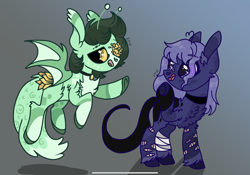 Size: 2388x1668 | Tagged: safe, artist:caramelbolt24, derpibooru import, oc, oc only, bat pony, pony, abstract background, bat pony oc, bat wings, chest fluff, choker, colored hooves, duo, ear fluff, ears, flying, looking back, raised hoof, raised leg, signature, smiling, wings