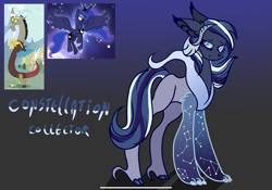 Size: 2388x1668 | Tagged: safe, artist:caramelbolt24, derpibooru import, screencap, discord, princess luna, oc, oc:constellation collector, alicorn, draconequus, hybrid, pony, abstract background, constellation, draconequus oc, ear fluff, ears, female, horn, interspecies offspring, male, mare, offspring, parent:discord, parent:princess luna, parents:lunacord, signature, wings