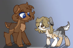 Size: 2388x1570 | Tagged: safe, artist:caramelbolt24, derpibooru import, oc, oc only, dog, dog pony, hybrid, pony, abstract background, chest fluff, duo, ear fluff, ears, signature, smiling