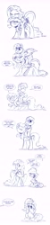 Size: 3561x15823 | Tagged: safe, artist:dilarus, ponerpics import, fluttershy, rainbow dash, absurd resolution, clap your hooves, clapping, comic, cute, dashabetes, deleted from derpibooru, hearth's warming, monochrome, ponies riding ponies, size difference, sketch, smoldash, tallershy