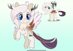 Size: 2388x1668 | Tagged: safe, artist:caramelbolt24, derpibooru import, oc, oc only, hybrid, pony, antlers, ear fluff, ears, female, flying, gradient background, interspecies offspring, offspring, parent:discord, parent:fluttershy, parents:discoshy, signature, smiling, wings