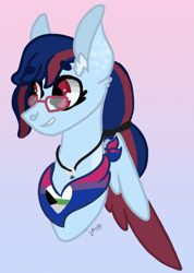 Size: 1158x1628 | Tagged: safe, artist:caramelbolt24, derpibooru import, oc, oc only, pegasus, pony, abstract background, bisexual pride flag, bust, commission, ear fluff, ears, glasses, grin, jewelry, necklace, pegasus oc, pride, pride flag, signature, smiling, solo, wings, ych result