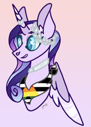 Size: 1162x1628 | Tagged: safe, artist:caramelbolt24, derpibooru import, oc, oc only, alicorn, pony, abstract background, alicorn oc, bust, choker, commission, ear fluff, ears, grin, horn, laurel wreath, neckerchief, signature, smiling, solo, wings, ych result