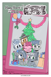 Size: 1260x1920 | Tagged: safe, artist:dilarus, artist:greyscaleart, artist:trevorrain, ponerpics import, cloudy quartz, igneous rock pie, limestone pie, marble pie, maud pie, pinkie pie, comic:closed for the holidays, christmas, christmas tree, comic, cover, deleted from derpibooru, family photo, holiday, pie family, pie sisters, quartzrock, siblings, sisters, tree
