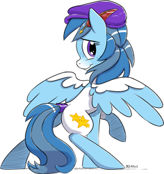 Size: 2595x2751 | Tagged: safe, artist:dilarus, ponerpics import, oc, oc only, oc:wish, pegasus, pony, cap, commission, cutie mark, deleted from derpibooru, female, hat, looking at you, mare, paint, purple eyes, quill, simple background, solo, stars, tail wrap, transparent background, wings